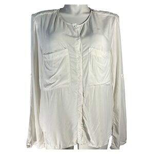 Sam & Lavi Top LARGE Ivory Off White Solid Rayon Pocket Hi Lo Roll Tab Sl Split